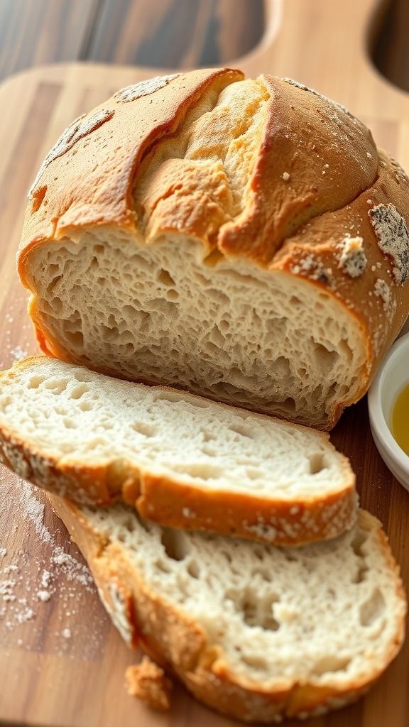 Overnight Proofed Sourdough Bread Recipe A golden crusted sourdough bread loaf on a wooden board with slices cut, showcasing its airy texture.
